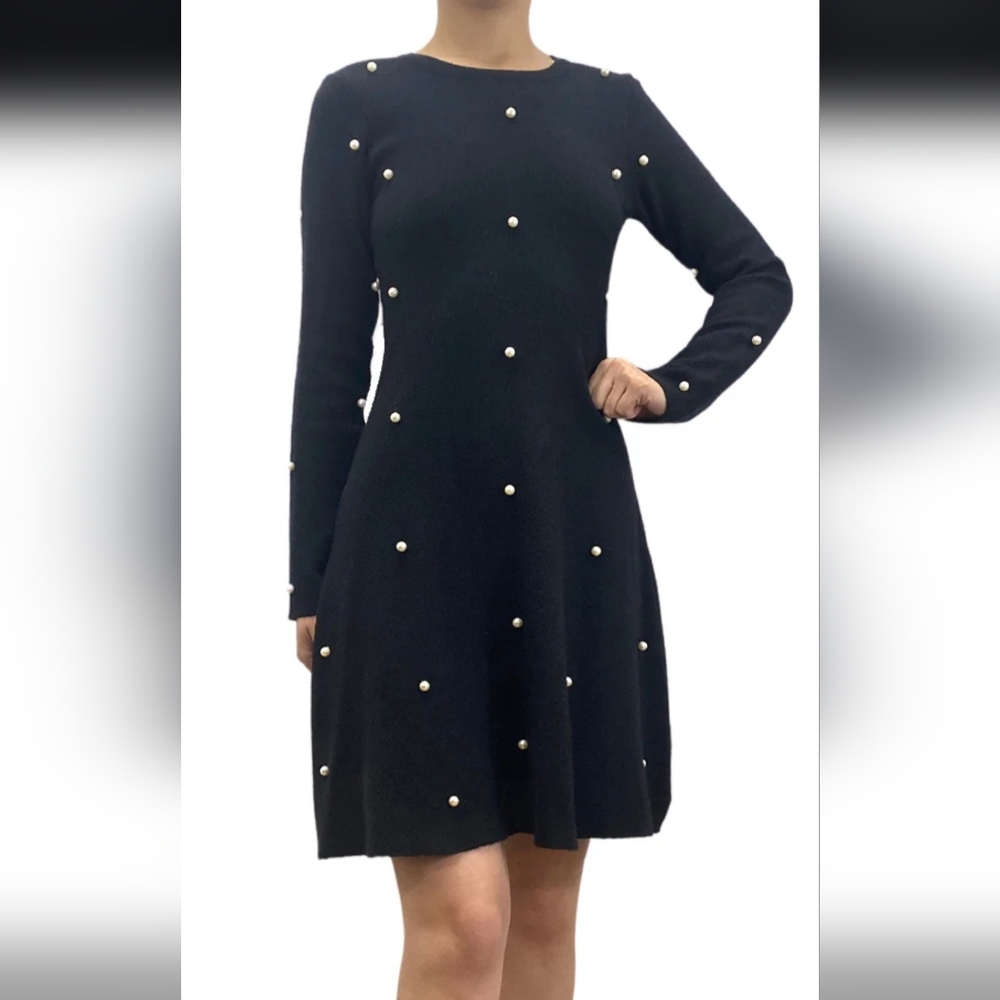Zara Knit Pearl-Embellished Mini Dress. M